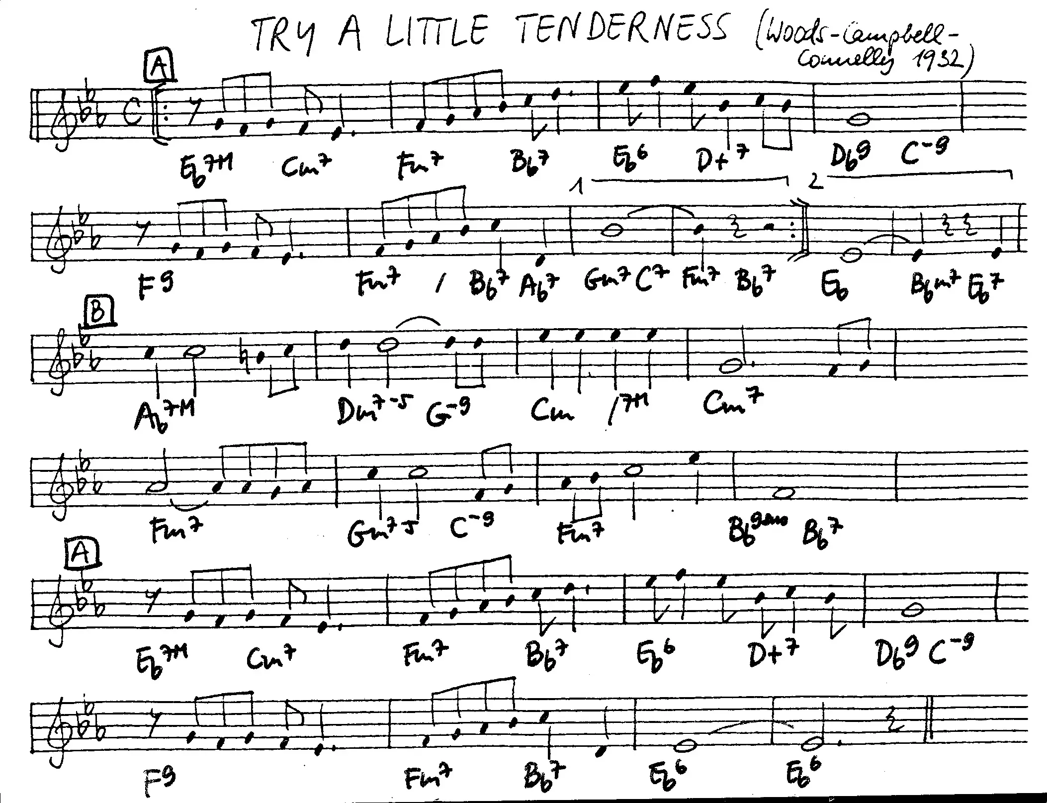 try a little tenderness free jazz leadsheet - Courtesy of the Jungle Jazz Band